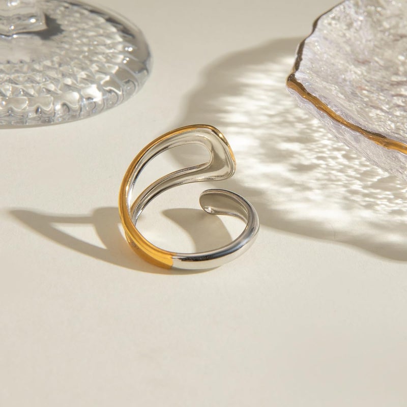 AiTURE Chunky Rings For Women, Gold Silver Thumb Ring Asymmetrical Wavy Curve Ring Adjustable Non Tarnish Dainty Stainless Steel New Year Anniversary Birthday Jewelry Gift - Image 4